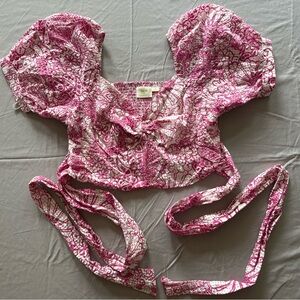 Maeve by Anthropologie Puff Sleeve Tie-Front Top – Pink/White Floral – Size XXL